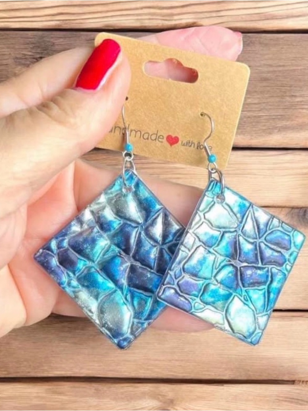 Hand Crafted! Turquoise Diamond Earrings: Textured Metal Look, Lightweight 2"